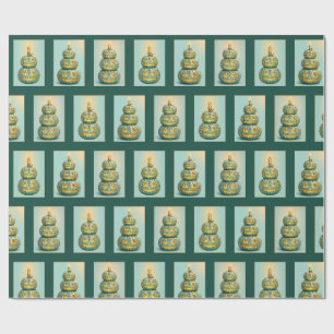 Stacked Teal Jack-O-Lantern Towers Pattern Wrapping Paper