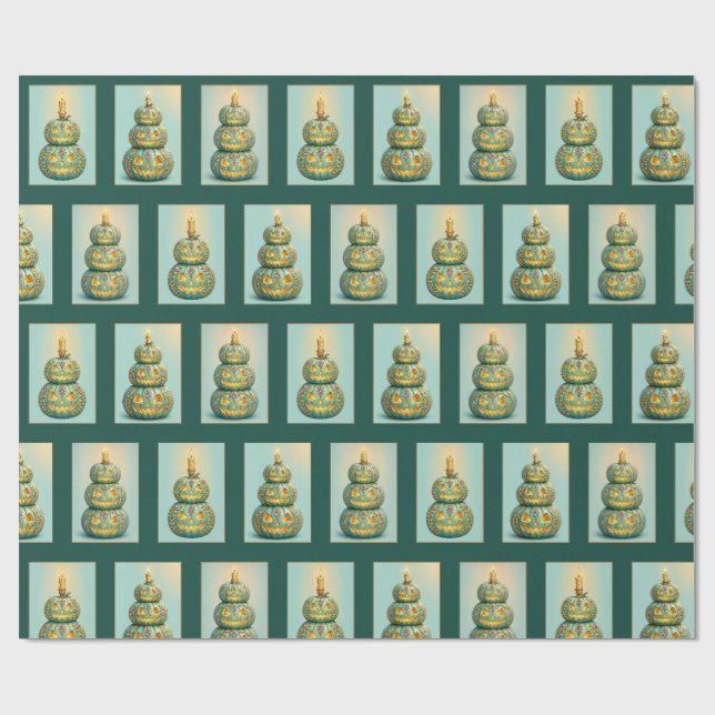 Stacked Teal Jack-O-Lantern Towers Pattern Wrapping Paper (Flat)