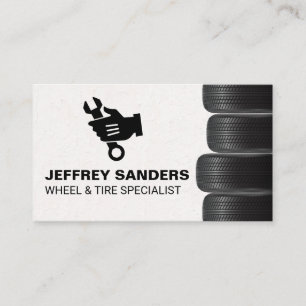 Stacked Tires   Mechanic Holding Wrench Logo Business Card