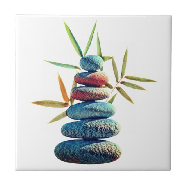 Stacked zen stones in balance with bamboo leaves.  tile (Front)