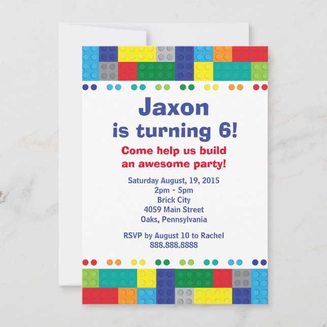 Stacking Bricks Boy's Birthday Party Invitation (Front)