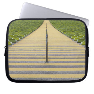 Stadium stairway between rows of green seats laptop sleeve