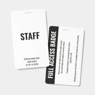 STAFF Pass Full Access Music Festival Black White Badge