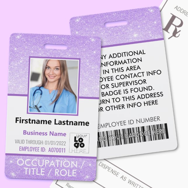 Staff Photo ID Barcode Logo Purple Glitter Name Badge (Creator Uploaded)
