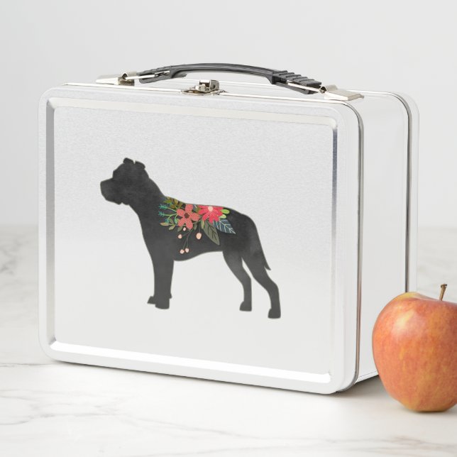 Staffie Dog Breed Boho Floral Silhouette Metal Lunch Box (In Situ)