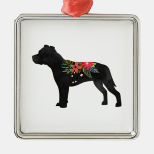 Staffie Dog Breed Boho Floral Silhouette Metal Ornament
