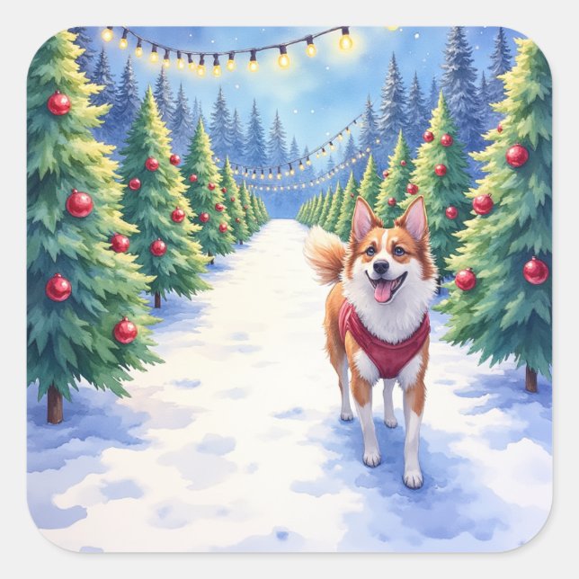 Staffordshire Bull Terrier at Christmas Tree Farm  Square Sticker (Front)