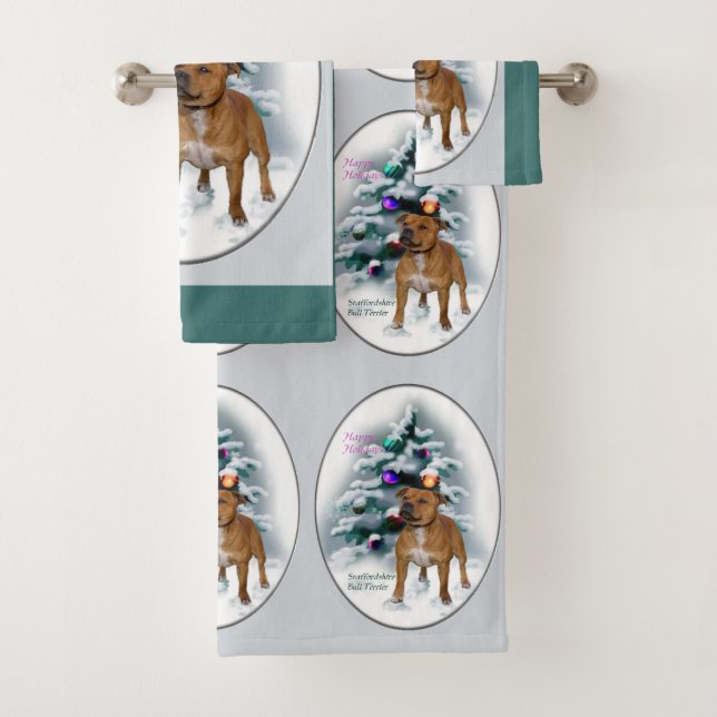 Staffordshire Bull Terrier Christmas Bath Towel Set (Insitu)