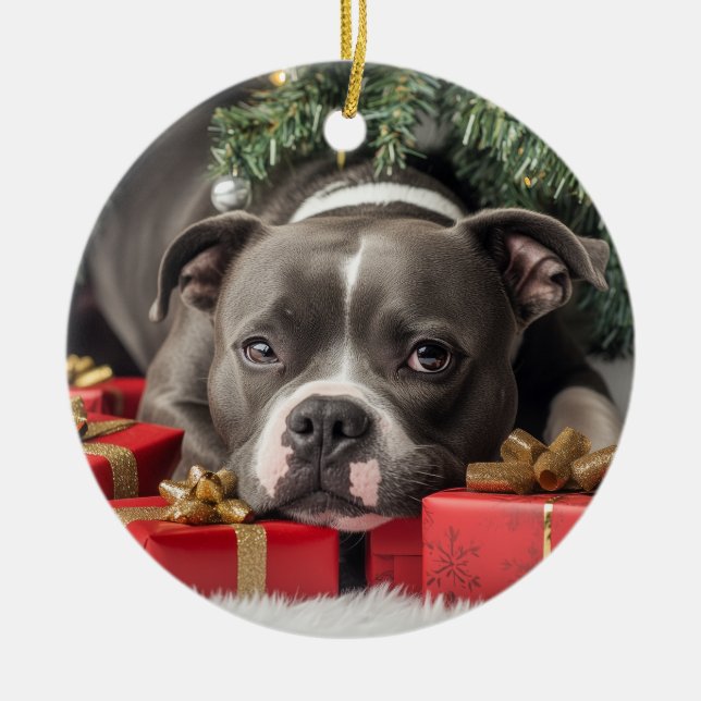 Staffordshire Bull Terrier Christmas Ceramic Ornament (Front)