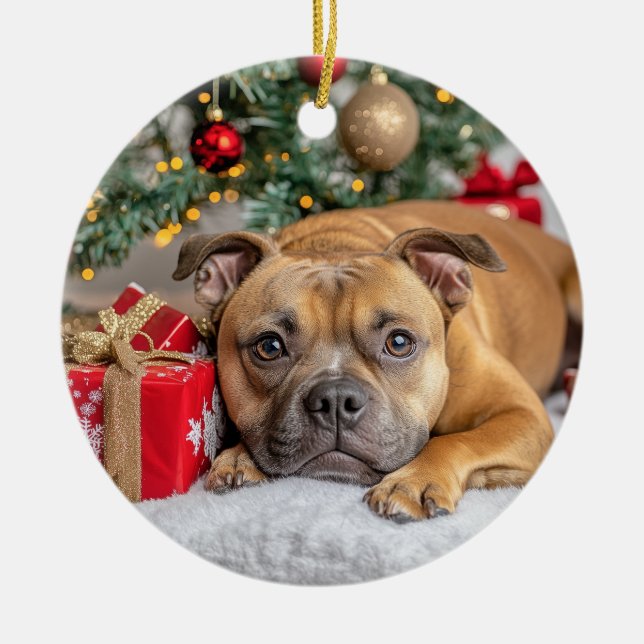 Staffordshire Bull Terrier Christmas Ceramic Ornament (Front)