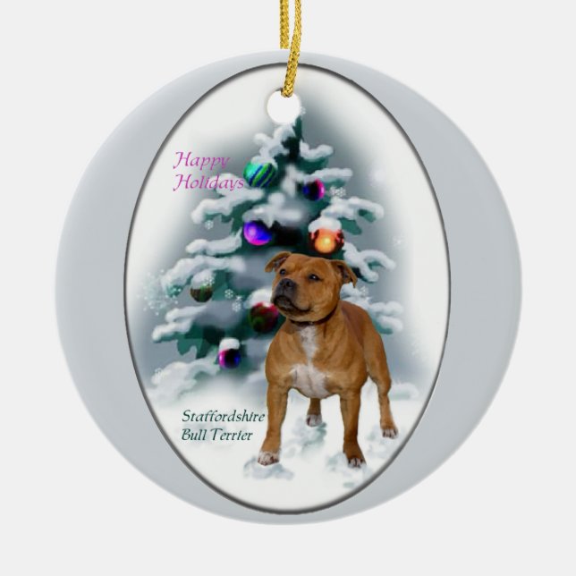 Staffordshire Bull Terrier Christmas Gifts Ceramic Ornament (Front)