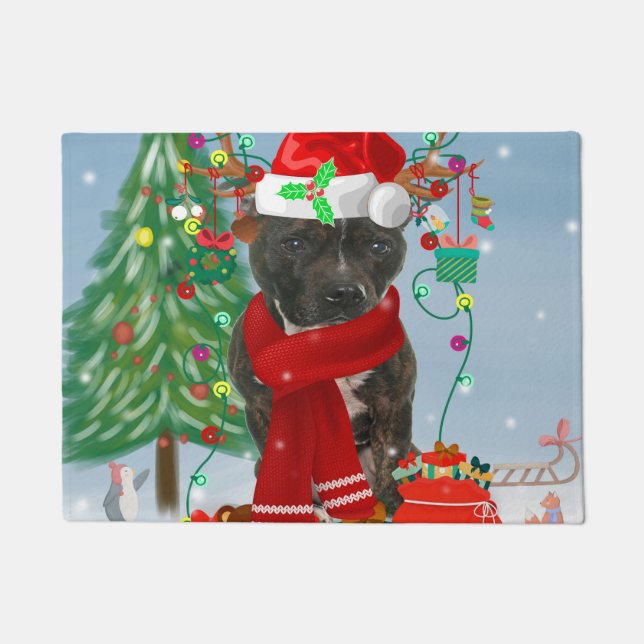 Staffordshire Bull Terrier Dog in Snow Christmas  Doormat (Front)