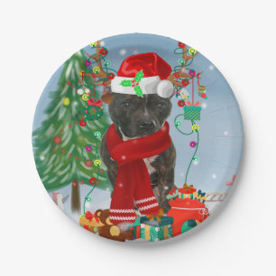 Staffordshire Bull Terrier Dog in Snow Christmas  Paper Plate