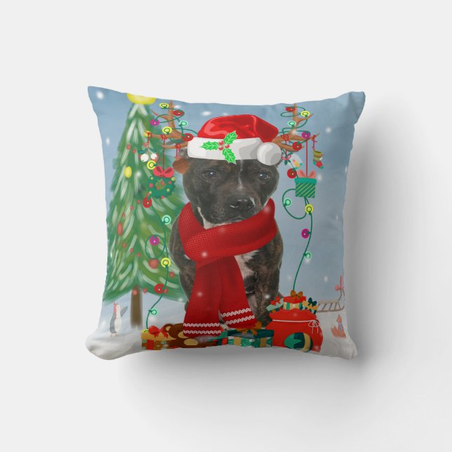 Staffordshire Bull Terrier Dog in Snow Christmas Throw Pillow (Front)