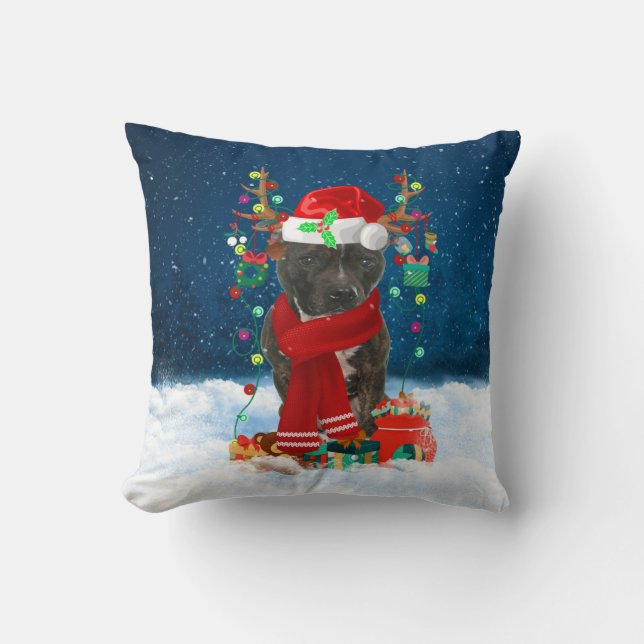 Staffordshire Bull Terrier dog with Christmas gift Throw Pillow (Front)