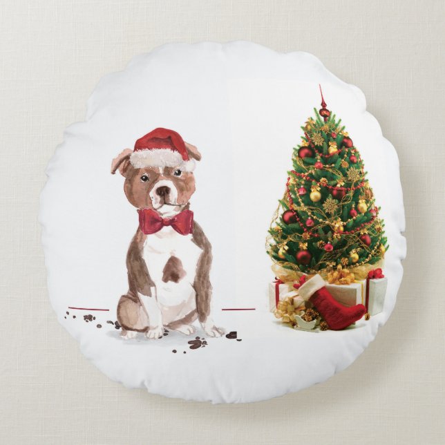 Staffordshire Bull Terrier Funny Christmas Dog Round Pillow (Front)
