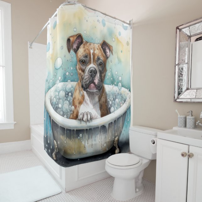 Staffordshire Bull Terrier In Bathtub Watercolor  (In Situ)