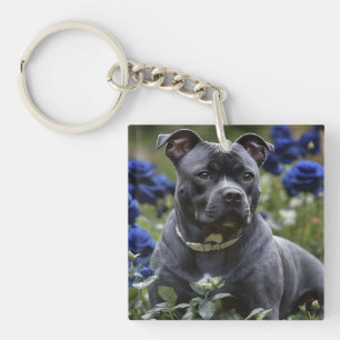 Staffordshire Bull Terrier In Blue Rose Garden, Keychain