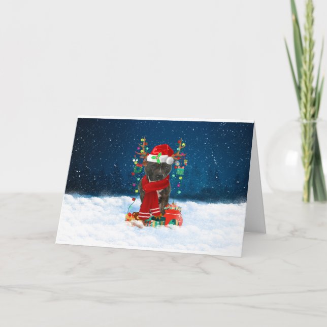 Staffordshire Bull Terrier in Snow with Christmas Card (Front)