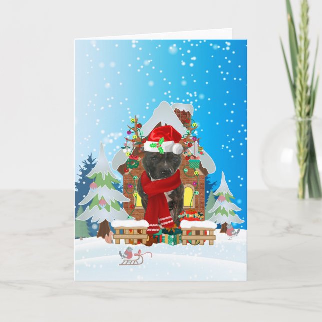 Staffordshire Bull Terrier in snow with Christmas  Card (Front)