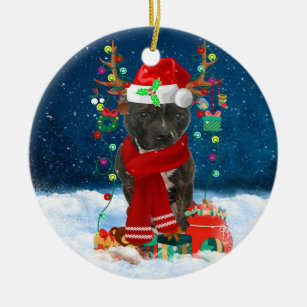 Staffordshire Bull Terrier in Snow with Christmas  Ceramic Ornament