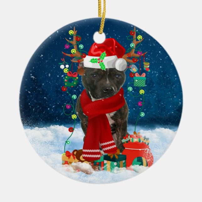 Staffordshire Bull Terrier in Snow with Christmas  Ceramic Ornament (Front)