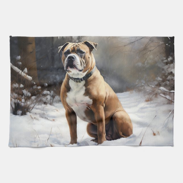 Staffordshire Bull Terrier Let It Snow Christmas Kitchen Towel (Horizontal)