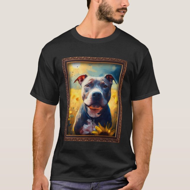 Staffordshire Bull Terrier Painting Sunflower Flow T-Shirt (Front)