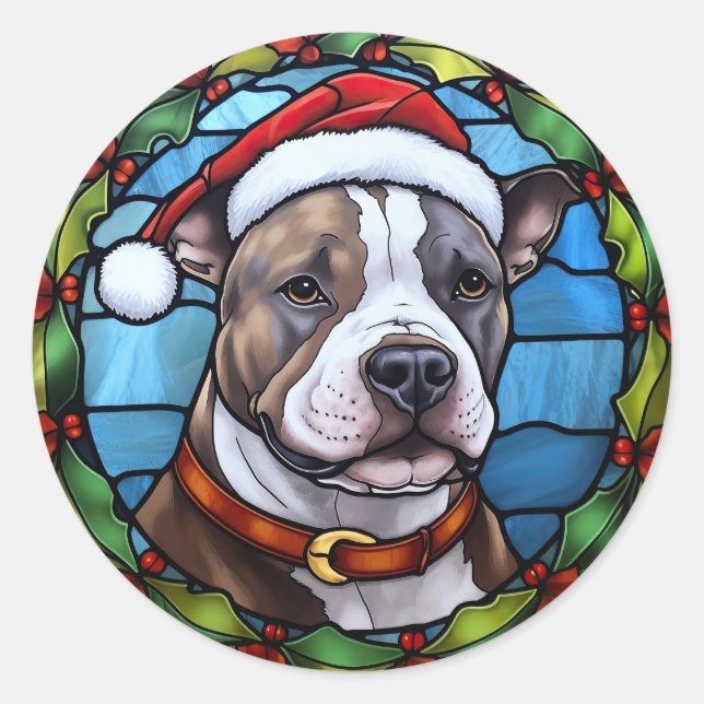 Staffordshire Bull Terrier Stained Glass Christmas Classic Round Sticker (Front)