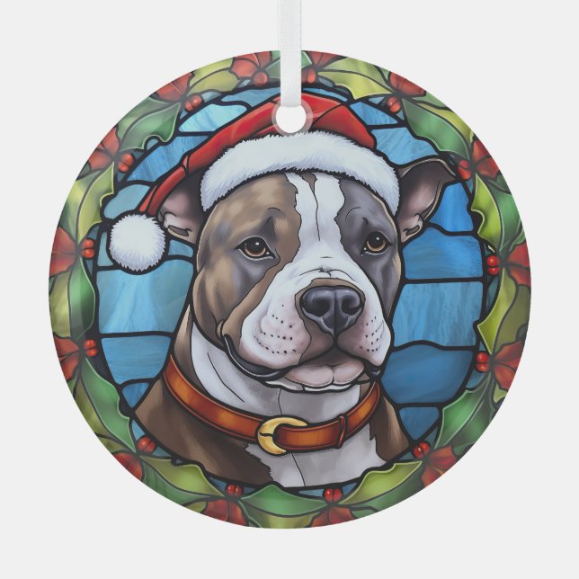 Staffordshire Bull Terrier Stained Glass Christmas Glass Ornament (Front)