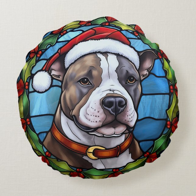 Staffordshire Bull Terrier Stained Glass Christmas Round Pillow (Back)