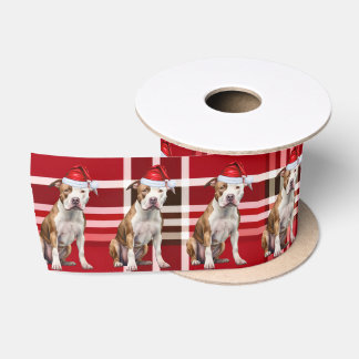 Staffordshire Pit Red Plaid Funny Dog Christmas Satin Ribbon
