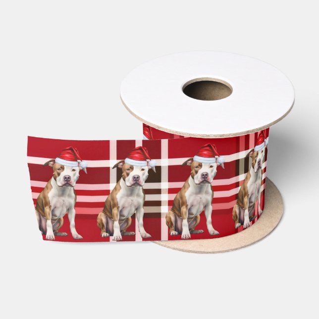 Staffordshire Pit Red Plaid Funny Dog Christmas Satin Ribbon (Spool)