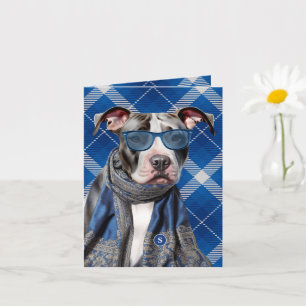 Staffordshire Terrier Dog Blue Plaid Monogrammed Card