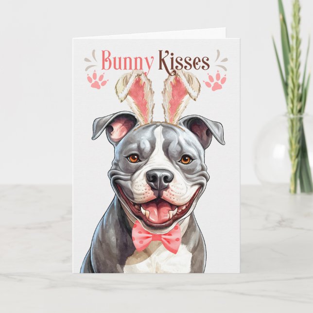 Staffordshire Terrier Dog in Bunny Ears for Easter Holiday Card (Front)