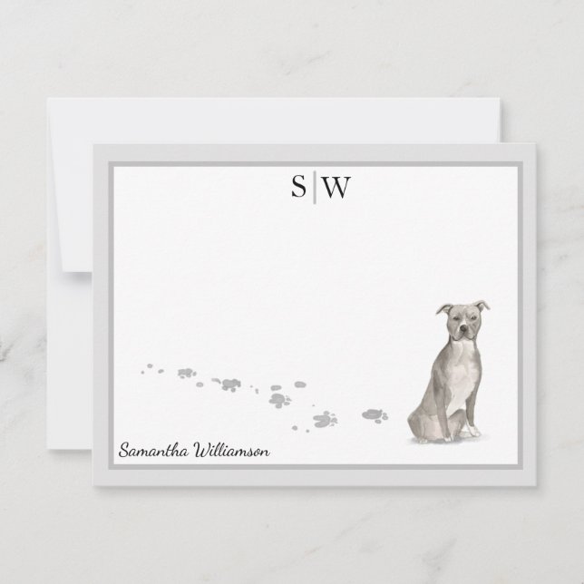 Staffordshire Terrier Grey Border Monogram Custom Card (Front)