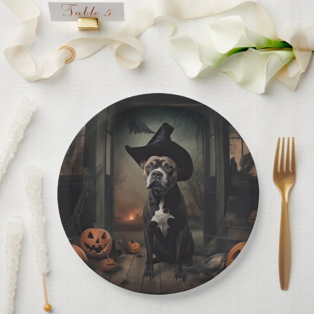 Staffordshire Terrier Pumpkins Halloween Scary  Paper Plate (Wedding)