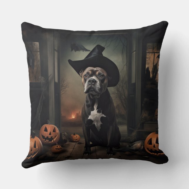 Staffordshire Terrier Pumpkins Halloween Scary  Throw Pillow (Back)