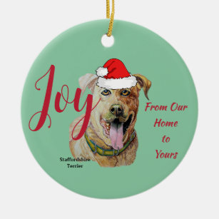 Staffordshire Terrier wearing a Santa Hat    Ceramic Ornament