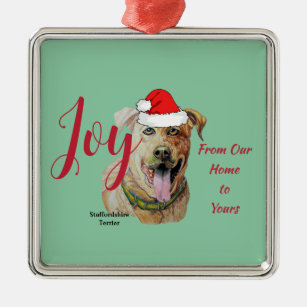 Staffordshire Terrier wearing a Santa Hat   Metal Ornament