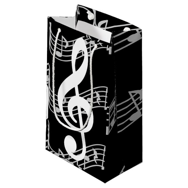 Staffs and Treble Clef on Black Small Gift Bag (Front Angled)