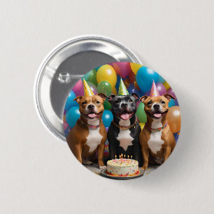 Staffy Birthday Party With Balloons Cake, 2 Inch Round Button