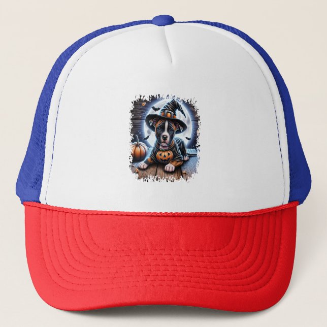 Staffy Dog Halloween Square Trucker Hat (Front)