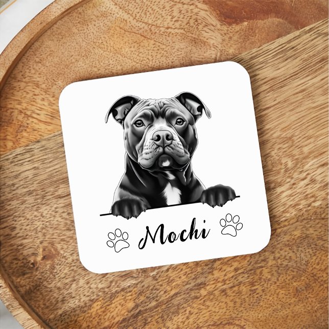 Staffy Dog Hand Drawing Personalized Square Paper Coaster (Creator Uploaded)