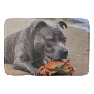 Staffy Is Friends With A Beach Crab, Bath Mat