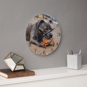 Staffy Is Friends With A Beach Crab,  Large Clock