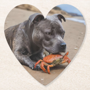 Staffy Is Friends With A Beach Crab, Paper Coaster