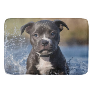 Staffy Puppy Splashing In The Sea, Bath Mat
