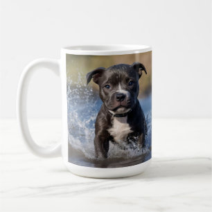 Staffy Puppy Splashing In The Sea, Coffee Mug