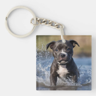 Staffy Puppy Splashing In The Sea, Keychain